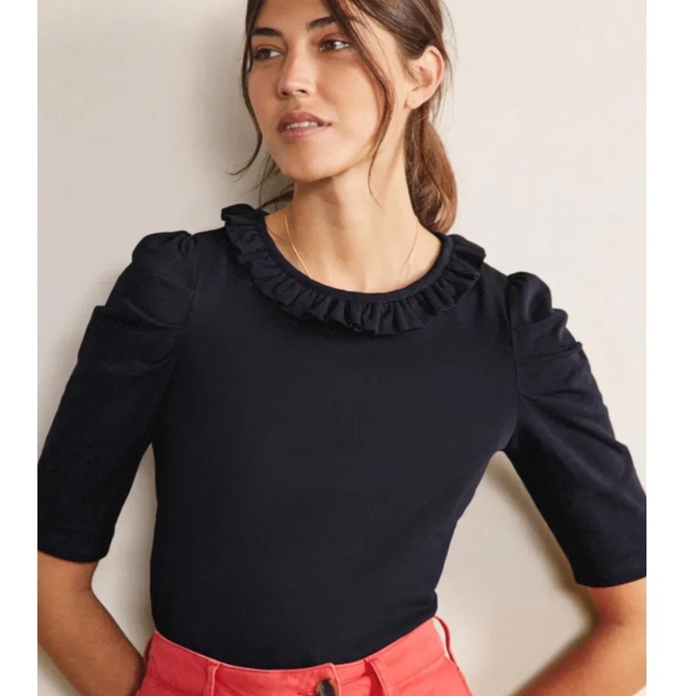 Boden Top‎ Women 12 Navy Blue Ruffle Neck Puff Sleeve Cotton Pleated Shoulder